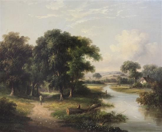 19th century English School Figures in a river landscape, 16 x 20in.